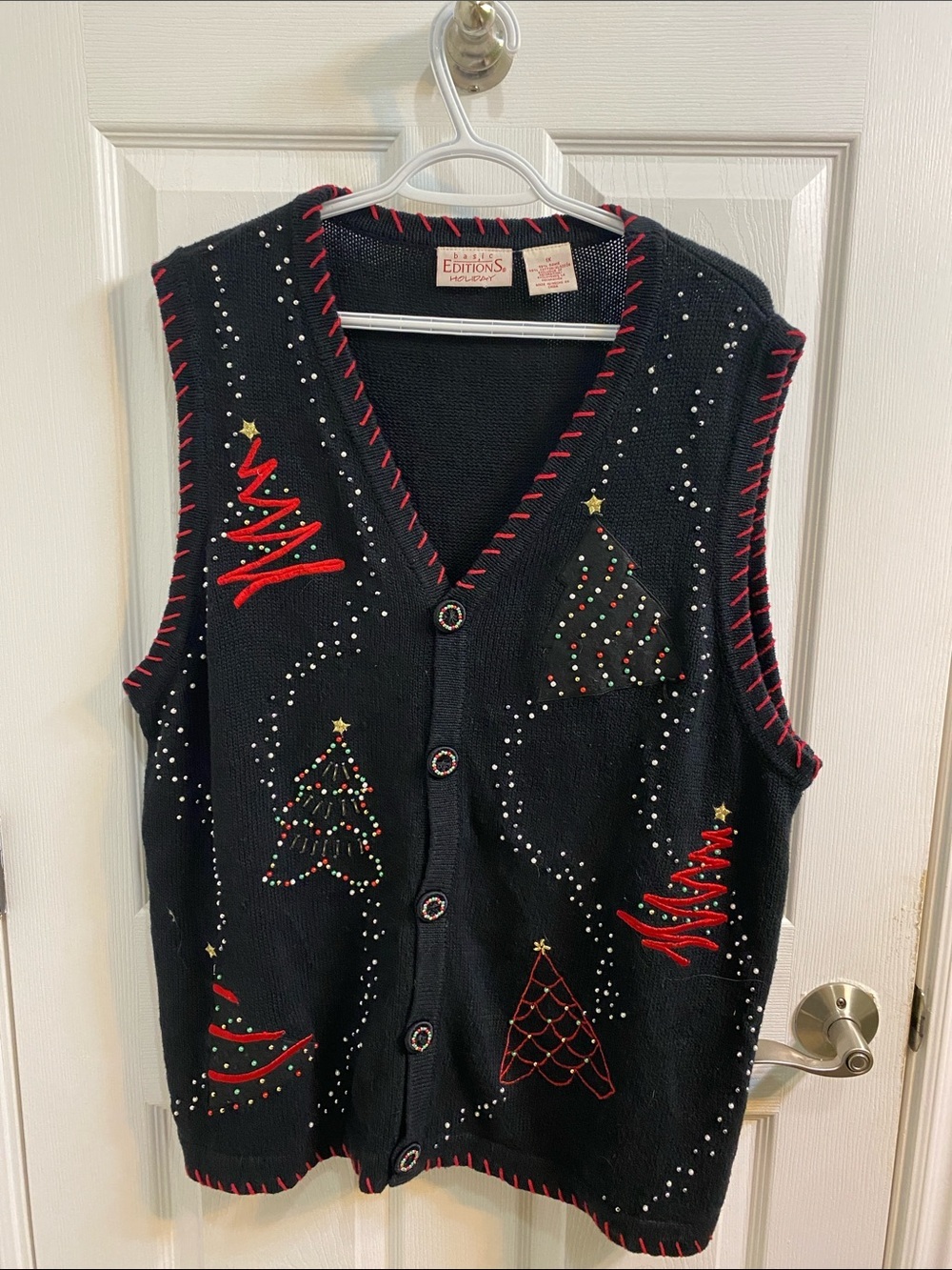 Basic Editions Vintage Holiday Christmas Tree Beaded  Embroidered Vest Womens 1X